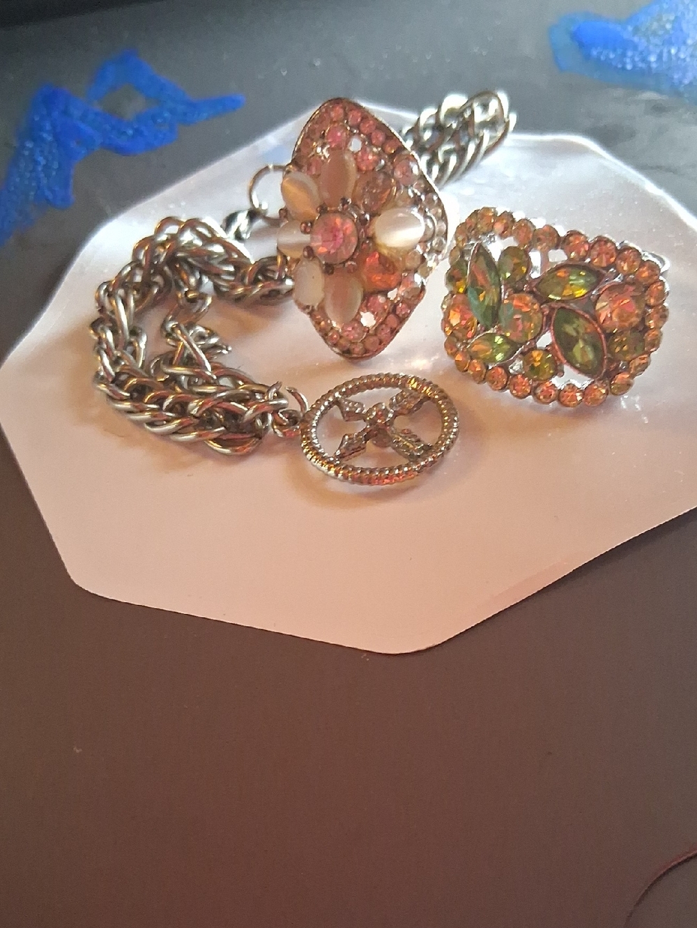 Gold-Tone Floral Crystal Statement Bracelet and Ring Set - Pink & Green